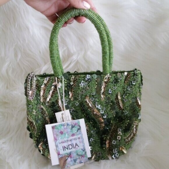 Made In India Handbags - NWT VIRAL Made In India Green Beaded Sequin Mini Purse Hangbag